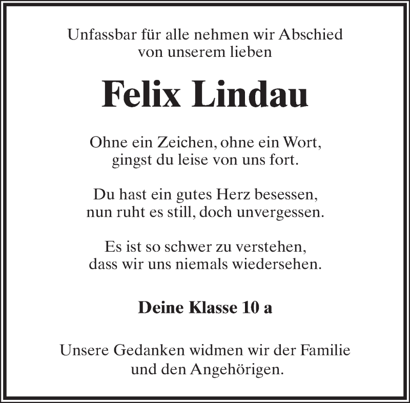  Traueranzeige für Felix Lindau vom 16.04.2016 aus Lippische Landes-Zeitung