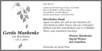 Anzeige  Gerda Manhenke  Lippische Landes-Zeitung