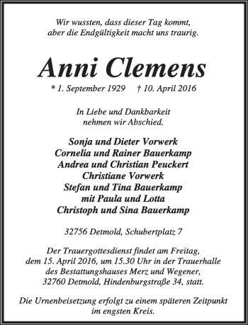 Anzeige  Anni Clemens  Lippische Landes-Zeitung