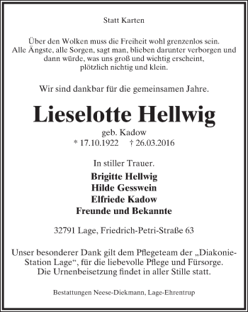 Anzeige  Lieselotte Hellwig  Lippische Landes-Zeitung