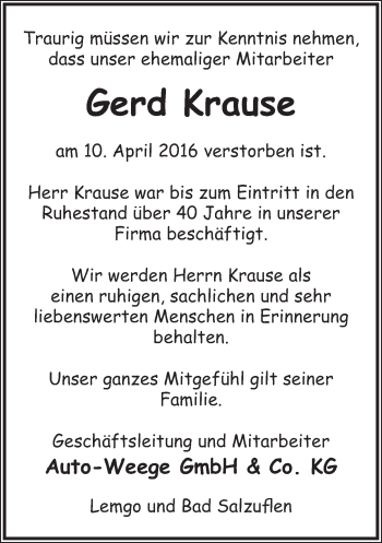 Anzeige  Gerd Krause  Lippische Landes-Zeitung