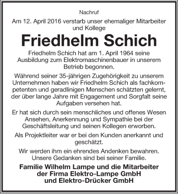 Anzeige  Friedhelm Schich  Lippische Landes-Zeitung