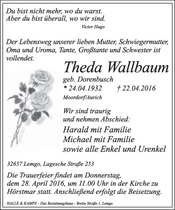 Anzeige  Theda Wallbaum  Lippische Landes-Zeitung