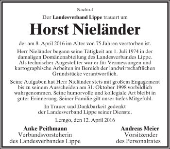 Anzeige  Horst Nieländer  Lippische Landes-Zeitung