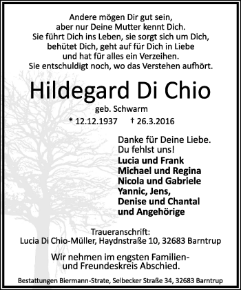 Anzeige  Hildegard Di Chio  Lippische Landes-Zeitung