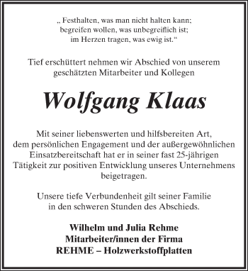 Anzeige  Wolfgang Klaas  Lippische Landes-Zeitung