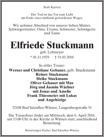 Anzeige  Elfriede Stuckmann  Lippische Landes-Zeitung