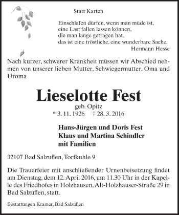 Anzeige  Lieselotte Fest  Lippische Landes-Zeitung