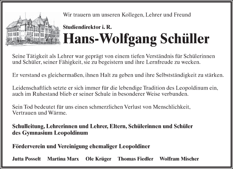  Traueranzeige für Hans-Wolfgang Schüller vom 16.04.2016 aus Lippische Landes-Zeitung