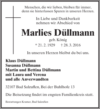 Anzeige  Marlies Düllmann  Lippische Landes-Zeitung