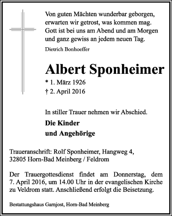 Anzeige  Albert Sponheimer  Lippische Landes-Zeitung