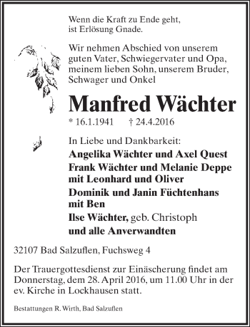 Anzeige  Manfred Wächter  Lippische Landes-Zeitung