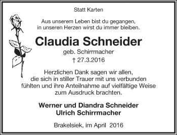 Anzeige  Claudia Schneider  Lippische Landes-Zeitung