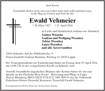 Anzeige  Ewald Vehmeier  Lippische Landes-Zeitung