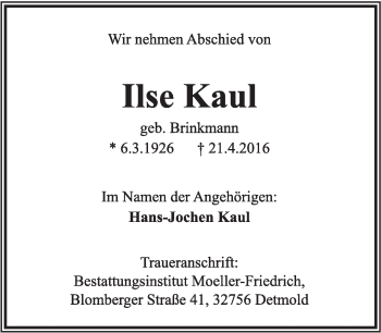 Anzeige  Ilse Kaul  Lippische Landes-Zeitung
