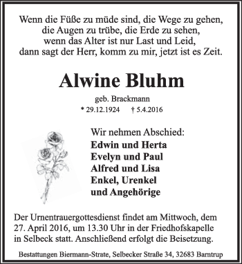 Anzeige  Alwine Bluhm  Lippische Landes-Zeitung