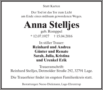Anzeige  Anna Stelljes  Lippische Landes-Zeitung