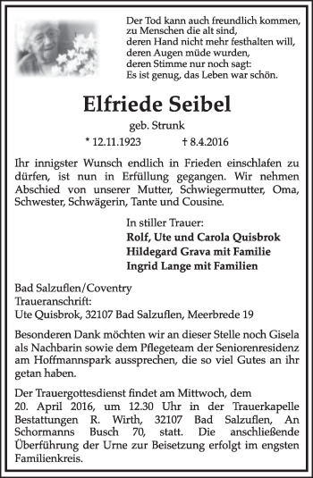 Anzeige  Elfriede Seibel  Lippische Landes-Zeitung