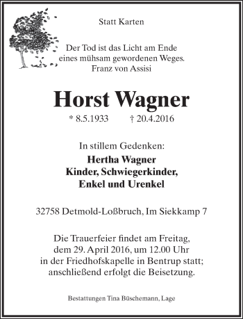 Anzeige  Horst Wagner  Lippische Landes-Zeitung