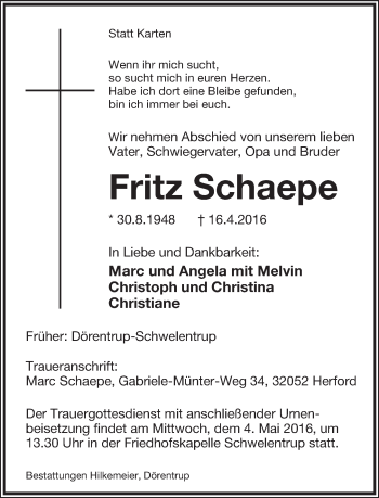 Anzeige  Fritz Schaepe  Lippische Landes-Zeitung
