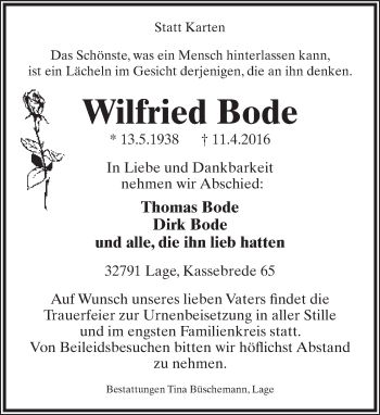 Anzeige  Wilfried Bode  Lippische Landes-Zeitung