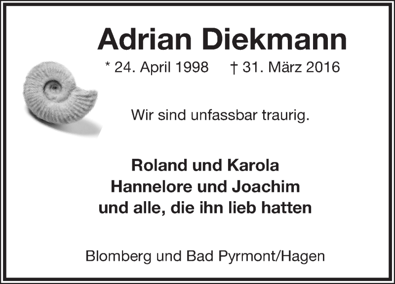  Traueranzeige für Adrian Diekmann vom 02.04.2016 aus Lippische Landes-Zeitung