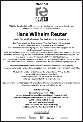 Anzeige  Hans Wilhelm Reuter  Lippische Landes-Zeitung