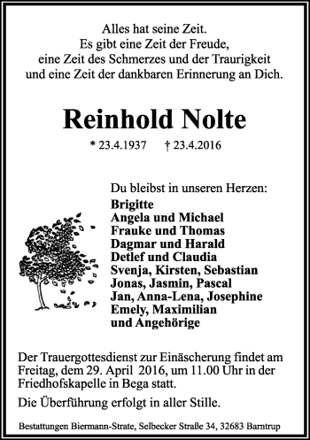 Anzeige  Reinhold Nolte  Lippische Landes-Zeitung