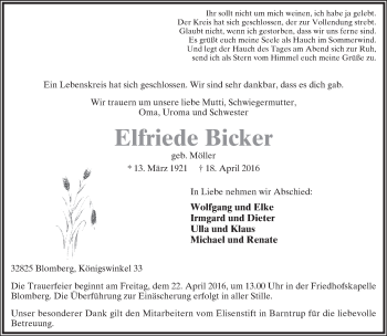 Anzeige  Elfriede Bicker  Lippische Landes-Zeitung