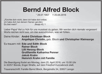 Anzeige  Bernd Alfred Block  Lippische Landes-Zeitung