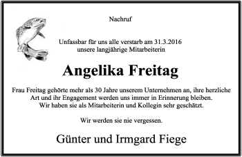 Anzeige  Angelika Freitag  Lippische Landes-Zeitung