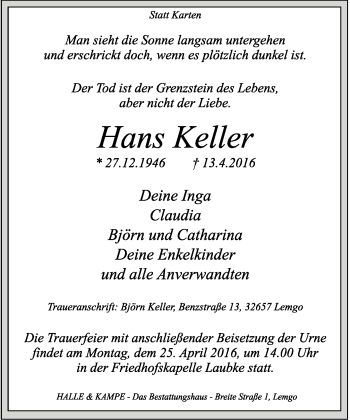 Anzeige  Hans Keller  Lippische Landes-Zeitung