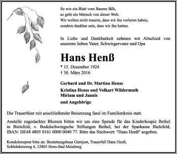 Anzeige  Hans Henß  Lippische Landes-Zeitung