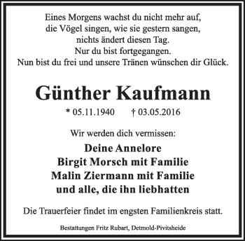Anzeige  Günther Kaufmann  Lippische Landes-Zeitung