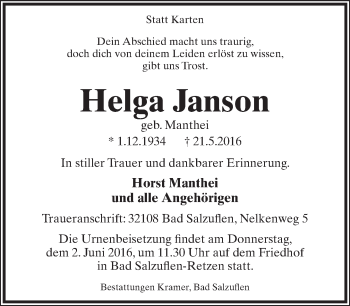 Anzeige  Helga Janson  Lippische Landes-Zeitung