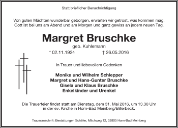 Anzeige  Margret Bruschke  Lippische Landes-Zeitung