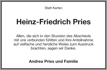 Anzeige  Heinz-Friedrich Pries  Lippische Landes-Zeitung