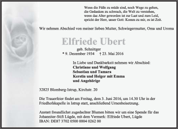 Anzeige  Elfriede Ubert  Lippische Landes-Zeitung