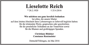 Anzeige  Lieselotte Reich  Lippische Landes-Zeitung
