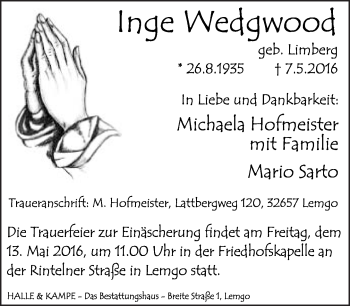 Anzeige  Inge Wedgwood  Lippische Landes-Zeitung