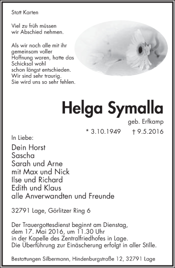 Anzeige  Helga Symalla  Lippische Landes-Zeitung