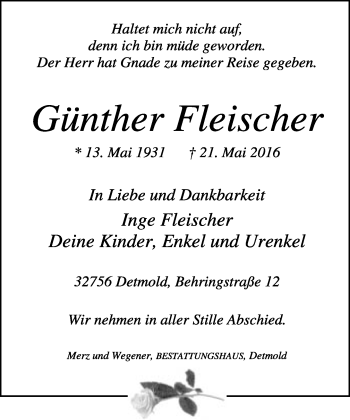 Anzeige  Günther Fleischer  Lippische Landes-Zeitung
