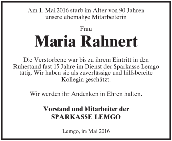 Anzeige  Maria Rahnert  Lippische Landes-Zeitung