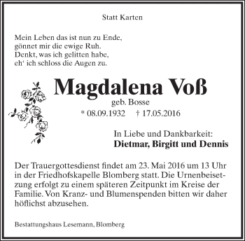 Anzeige  Magdalena Voß  Lippische Landes-Zeitung