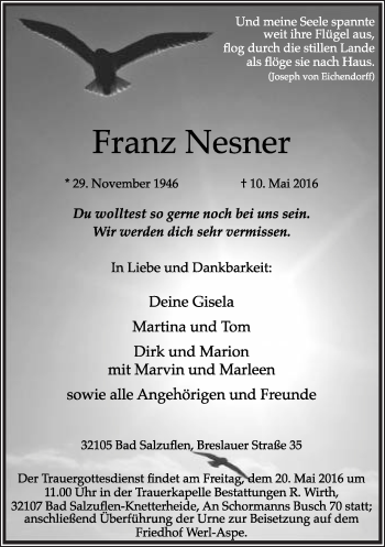 Anzeige  Franz Nesner  Lippische Landes-Zeitung