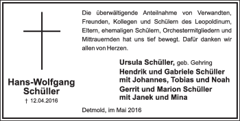 Anzeige  Hans-Wolfgang Schüller  Lippische Landes-Zeitung