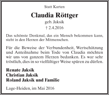 Anzeige  Claudia Röttger  Lippische Landes-Zeitung
