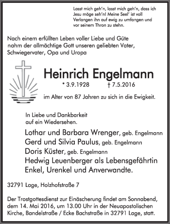 Anzeige  Heinrich Engelmann  Lippische Landes-Zeitung