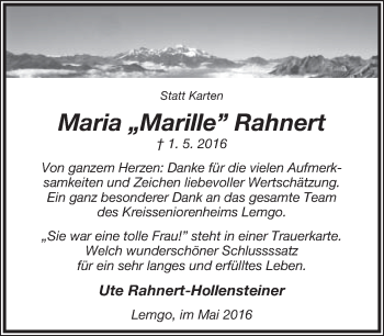 Anzeige  Maria Rahnert  Lippische Landes-Zeitung