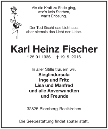 Anzeige  Karl Heinz Fischer  Lippische Landes-Zeitung